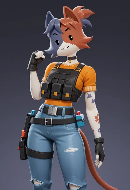 masterpiece, good quality, best quality, very awa, very as2, absurdres, highres, 2d, CateMeowdyFN, anthro, calico, simple face, multicolor fur, ears, cat ears, cat tail, :3, furry, animal ears, body fur, arm markings, ponytail, black gloves, fingerless gloves, choker, short sleeves, orange shirt, belt, holster, torn clothes, pouch, jeans, denim, black plate carrier, <lora:CateMeowdyFortnite:0.8>