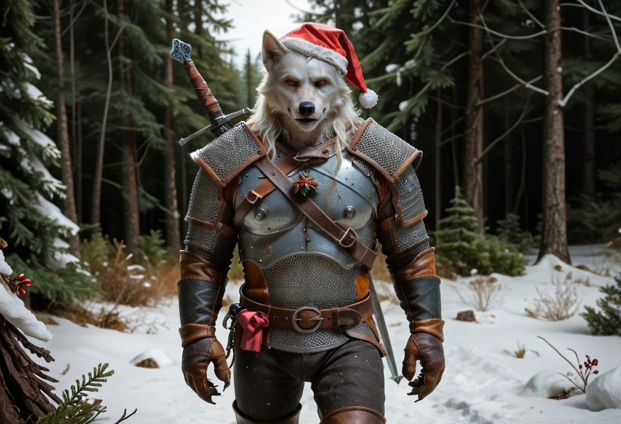 Geralt, solo, (as a white wolf), w1tch3r, (wearing a christmas hat), 
in a snow forest, christmas tree in the background, 
(fluffy_new_year, merry_furistmas), 
looking at the camera, grim, 
sfw