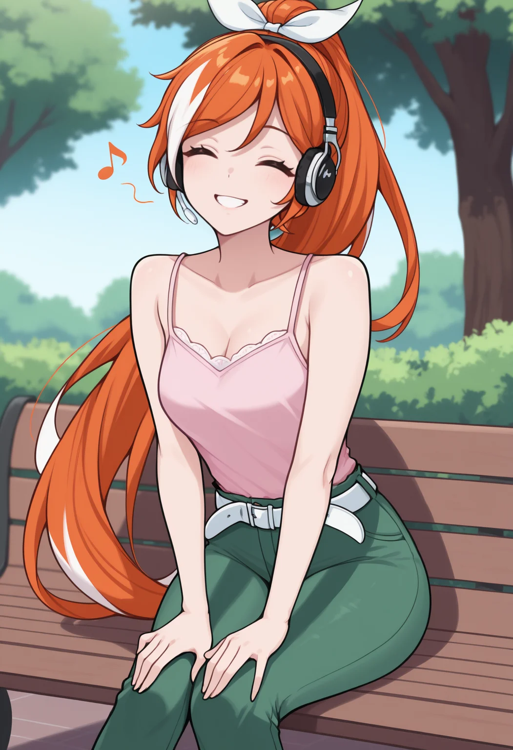 masterpiece, best quality, newest, feet out of frame, solo, 1girl, h1me, smile, sitting, park bench, hands on own thighs, streaked hair, orange hair, white hair, high ponytail, hair bow, white bow, headphones, closed eyes, ^ ^, pink camisole, spaghetti strap, green pants, white belt, bare shoulders, collarbone, outdoors, day, tree, musical note
<segment:yolo-Anzhc Face seg 640 v2 y8n.pt,0.4,0.5//cid=1>
