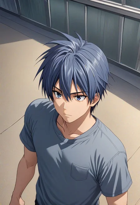 high resolution, solo, best quality, 1Boy, Tomoya Okazaki, Grey Blue Hair, casual, seen from above, gangster, dominant, intimidate, OverallDetail