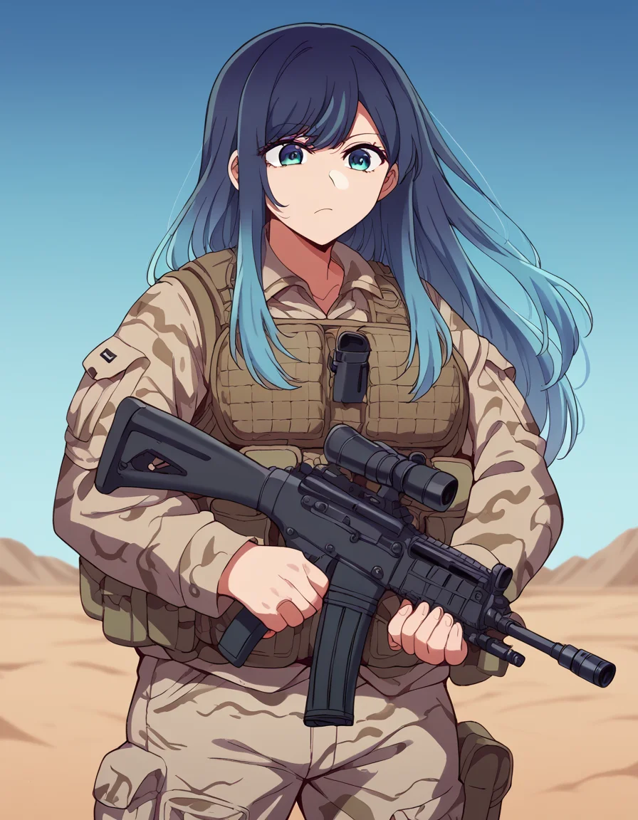 score_9, score_8_up, score_7_up, source_anime, <lora:akane-kurokawa-s2-ponyxl-lora-nochekaiser:1>, akane kurokawa, long hair, bangs, blue eyes, large breasts, black hair, blue hair, multicolored hair, gradient hair,, <lora:military-combat-uniform-ponyxl-lora-nochekaiser:1> military combat uniform, camouflage jacket, camouflage, load bearing best, camouflage pants, soldier, bulletproof vest, combat helmet, assault rifle, rifle,, desert, sun, blue sky,, cowboy shot,