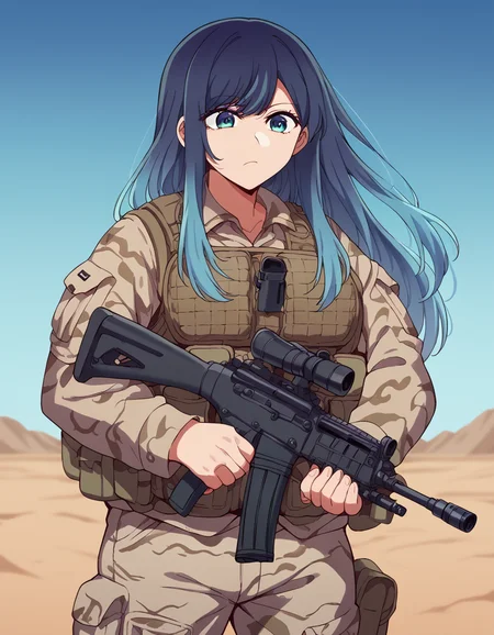 score_9, score_8_up, score_7_up, source_anime, <lora:akane-kurokawa-s2-ponyxl-lora-nochekaiser:1>, akane kurokawa, long hair, bangs, blue eyes, large breasts, black hair, blue hair, multicolored hair, gradient hair,, <lora:military-combat-uniform-ponyxl-lora-nochekaiser:1> military combat uniform, camouflage jacket, camouflage, load bearing best, camouflage pants, soldier, bulletproof vest, combat helmet, assault rifle, rifle,, desert, sun, blue sky,, cowboy shot,