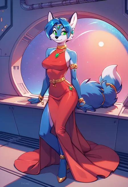score_9, score_8_up, score_8, 1girl, smooth, blue fur, jewelry, blue hair, green eyes, anthro fox, highly detailed, perfect, high quality, high definition, spaceship, crew deck, tight red dress, long dress, thigh gap, posing