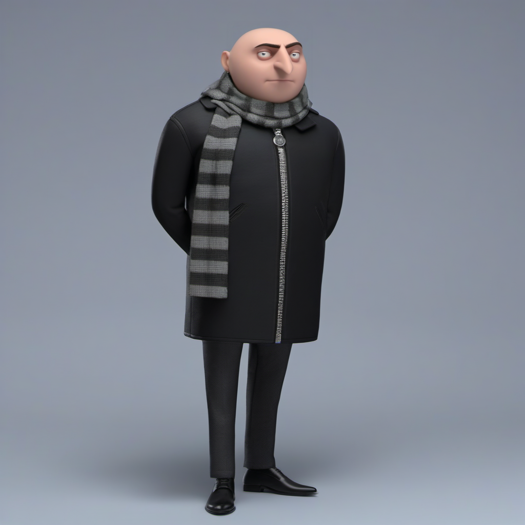 professional 3d model a full body portrait bald man, gru, fat, scarf, wants to rule the world  <lora:Gru1024:0.8> . octane render, highly detailed, volumetric, dramatic lighting