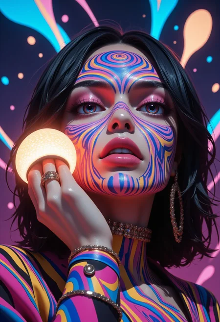 Close-up of bright, dazzling pink lips with psychedelic, hypnotic curved patterns, holding a glowing, vibrant rainbow mushroom. Magic particles float around the lips, creating a festive, psychedelic atmosphere. Glowing mushrooms in vivid colors and textures surround the scene, emitting radiant, otherworldly light.