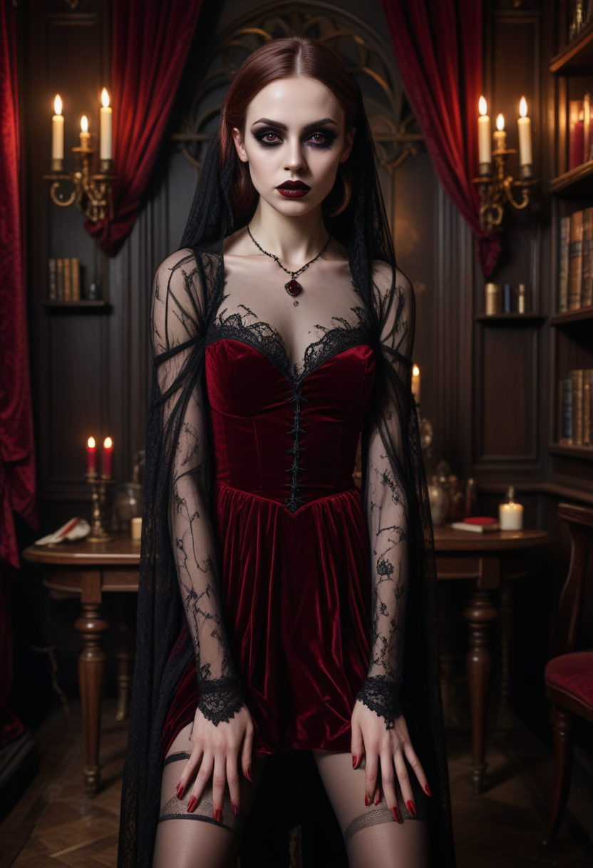 ((fashion photography)), perfect face, perfect eyes, (medium full shot) of  (gorgeous gothic maiden) young woman, african, dark skin, hazel eyes, slender, short brown  hair, wearing Ghostly maiden outfit with a tattered black dress, ghostly veil, sheer stockings, ballet flats, Dark crimson lipstick, dramatic red and black eyeshadow, thick eyeliner, pale skin, dark nail polish with red accents, set in  gothic Bar Secret Room, Hidden chamber accessed through a concealed door, furnished with opulent red velvet drapes, a mahogany gaming table surrounded by high-backed chairs, shelves filled with arcane artifacts, candlelight flickering on the walls , at night, surprised, open mouth, pointing her finger at the viewer, masterpiece, best quality, photorealistic, very aesthetic