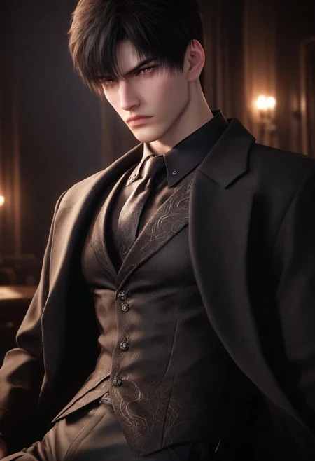 1boy, solo, male focus, toned male, zayne_(love_and_deepspace), black hair, short hair, two sided bangs, pale skin, almond eyes, detailed eyes, satisfaction, satisfied, neutral, detailed face, 
dark theme, night, intense shadow, intimidating, chest close to viewer, dark light, no light, dark out, shadow, 
(black coat over shoulder:1.1), black collar shirt, black vest, black collar shirt button, wearing a tie, black pants, sweaty hair, long sleeves, modest clothing, looking at viewer, from side view,
relax
rating PG, score_9, score_8_up, score_7_up, source_anime, male focus, Muscular, big thigh, big thigh, big chest, hung, manly, tall, detailed eyebrow, sharp eyebrows, focus on thigh, hairy thigh, thigh focus, random view