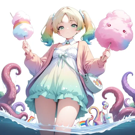 rainbow, wading, from below, twintails, bag, green eyes, white background, cup, parted bangs, open clothes, cowboy shot, closed mouth, detached collar, tentacles, cotton candy, looking at viewer