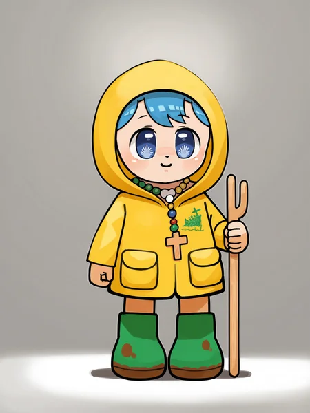score_9, score_8_up, score_7_up, score_6_up, score_5_up, 
Luce, symbol-shaped_pupils, (solo), umbrella,  raincoat, 1girl,  large_breasts, rubber_boots, yellow_raincoat, blue_hair, blue_eyes, boots, hood, full_body, smile, short_hair, holding, hood_up, standing, long_sleeves, bangs, yellow_footwear, necklace, jewelry
BREAK
ducks, bread, 
 <lora:Luce_Vatican:1> <lora:Little_Nuns:1>