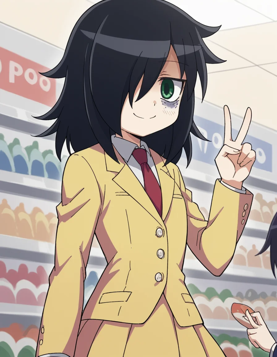 score_9, score_8_up, score_7_up, source_anime, <lora:tomoko-kuroki-s1-ponyxl-lora-nochekaiser:1>, tomoko kuroki, long hair, black hair, green eyes, hair over one eye, bags under eyes,, skirt, school uniform, necktie, blazer,, mall, shops, people, shopping, big, smile, v,, looking at viewer, solo,, dutch angle, cowboy shot