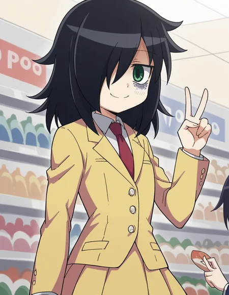 score_9, score_8_up, score_7_up, source_anime, <lora:tomoko-kuroki-s1-ponyxl-lora-nochekaiser:1>, tomoko kuroki, long hair, black hair, green eyes, hair over one eye, bags under eyes,, skirt, school uniform, necktie, blazer,, mall, shops, people, shopping, big, smile, v,, looking at viewer, solo,, dutch angle, cowboy shot