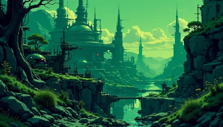 A digital artwork in the style of cknc, ((retro)), ((mysterious)), ((painting of an alien landscape)), ((chasm)), (green sky), ((thin atmosphere)), ((alien plants)), ((futuristic city)), ((tall spires)), chiaroscuro, beautifully lit, cinematic lighting, dramatic lighting, natural lighting, naturalism, (golden ratio), detailed, 8K, by Bruce Pennington, Danny Flynn, by alexi zaitsev, by Antoine Blanchard, by Brent Heighton, by Jeremy Mann, <lora:lora:1>