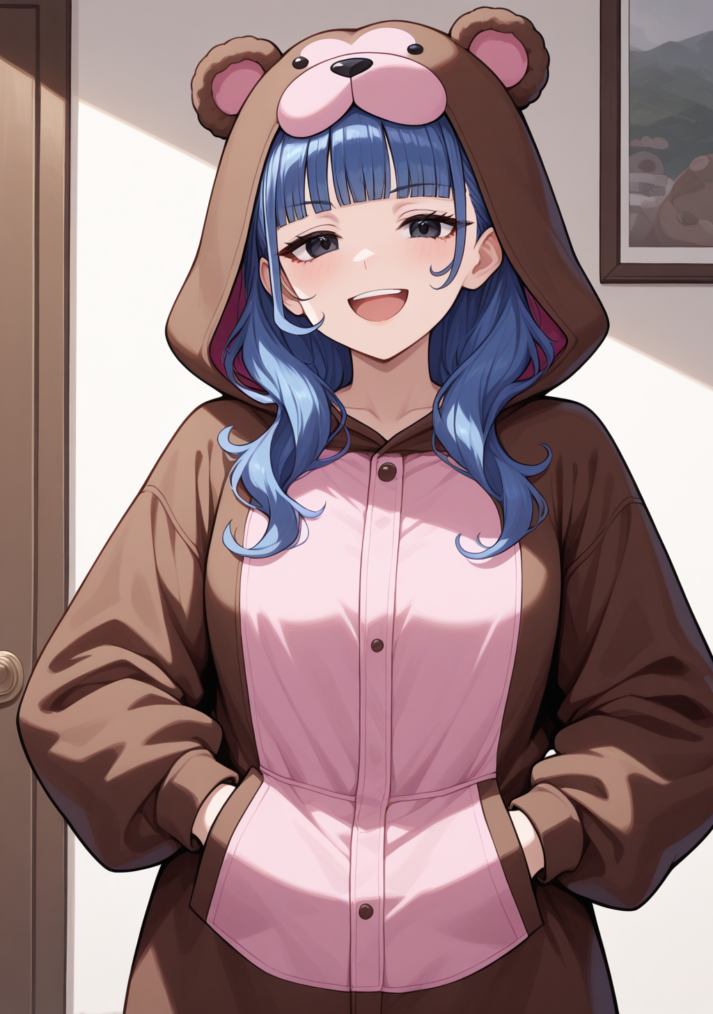 masterpiece, best quality, absurdres, perfect lighting,shiny skin,<lora:StS-Illustrious-Detail-Slider-v1.0:3>,<lora:illustrious_noobai_epsilon_pred_1_best_quality_v1:1>,1girl,Vera Misham,long hair, blue hair,blunt bangs, black eyes, <lora:Vera Misham:0.9>,kigurumi, bear ears, hand in pocket, happy,