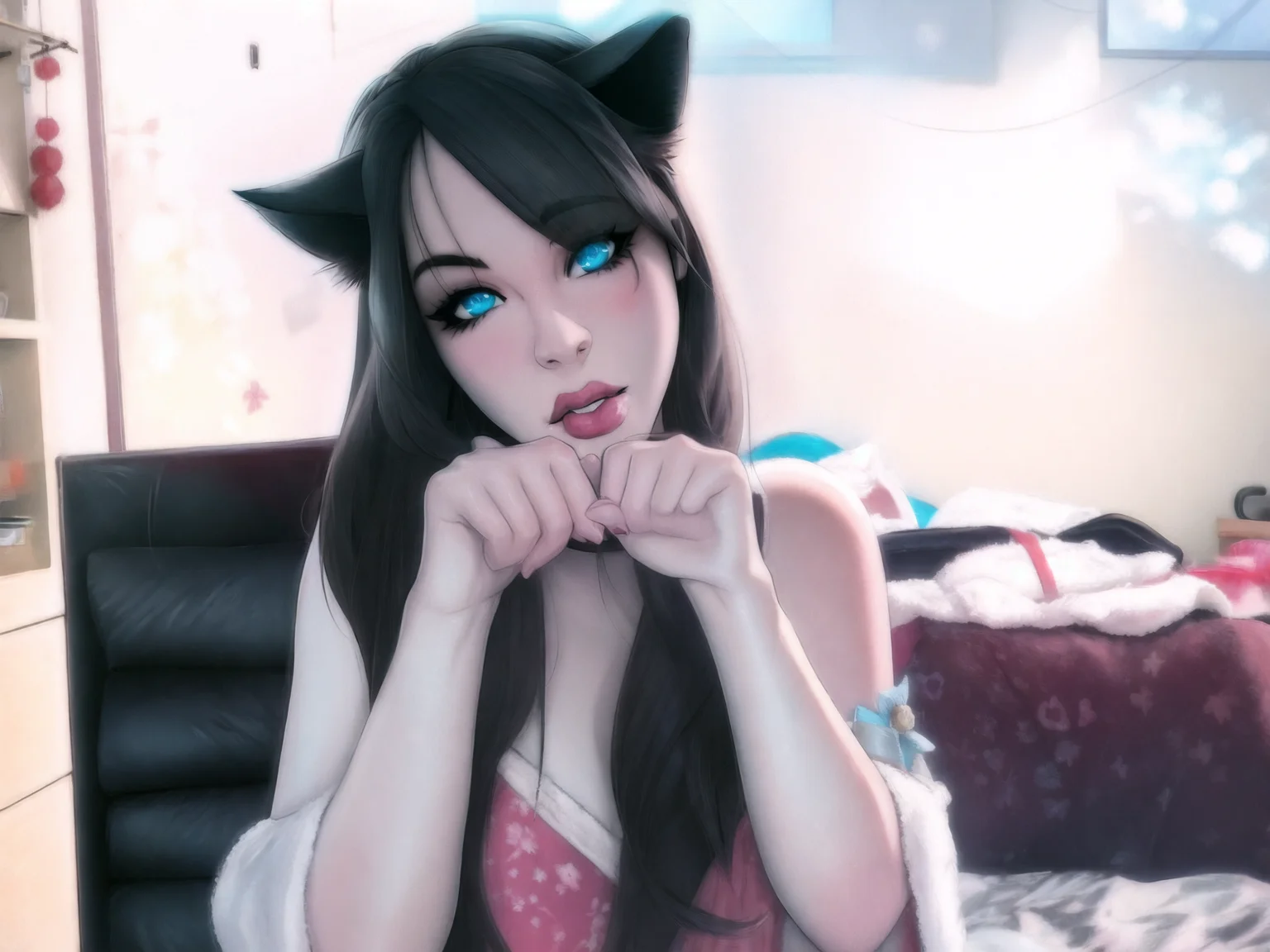 (1girl:0.988), (animal ears:0.945), (solo:0.941), (hair ribbon:0.810), (ribbon:0.809), (long hair:0.798), (cat ears:0.772), (upper body:0.749), (lips:0.722), (black hair:0.692), (looking at viewer:0.669), (cosplay photo:0.620), (asian:0.606), (bra:0.521), (own hands together:0.512), (nose:0.502), melkor_manchin art style