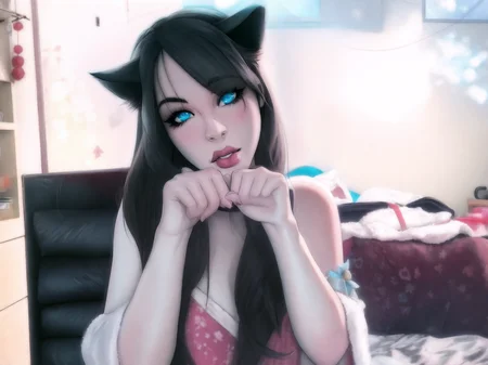 (1girl:0.988), (animal ears:0.945), (solo:0.941), (hair ribbon:0.810), (ribbon:0.809), (long hair:0.798), (cat ears:0.772), (upper body:0.749), (lips:0.722), (black hair:0.692), (looking at viewer:0.669), (cosplay photo:0.620), (asian:0.606), (bra:0.521), (own hands together:0.512), (nose:0.502), melkor_manchin art style