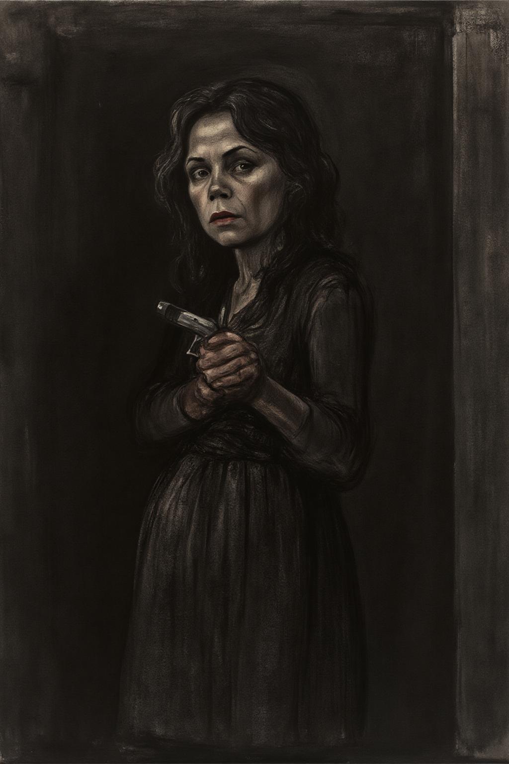 kako1 drawing. a mysterious woman with wavy hair and piercing eyes stands in the shadows of a dimly lit room. She is holding a small revolver with a delicate yet firm grip. <lora:kako1_litho_nocap_d6a3:1.0><lora:814772978714782699:0>