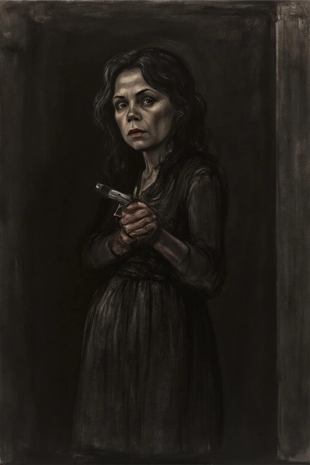 kako1 drawing. a mysterious woman with wavy hair and piercing eyes stands in the shadows of a dimly lit room. She is holding a small revolver with a delicate yet firm grip. <lora:kako1_litho_nocap_d6a3:1.0><lora:814772978714782699:0>