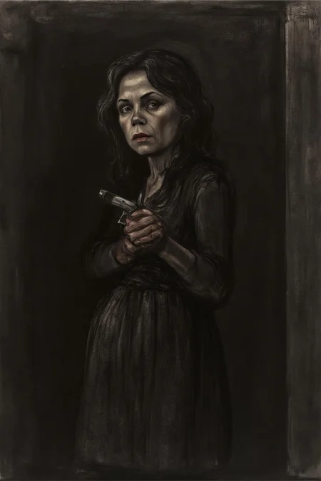 kako1 drawing. a mysterious woman with wavy hair and piercing eyes stands in the shadows of a dimly lit room. She is holding a small revolver with a delicate yet firm grip. <lora:kako1_litho_nocap_d6a3:1.0><lora:814772978714782699:0>
