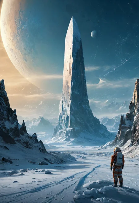 A lone astronaut stands on a frozen exoplanet, staring at a towering monolith of unknown origin, its surface pulsing with shifting star maps and equations far beyond human understanding. The overall style is futuristic with a touch of fantasy and mystery.