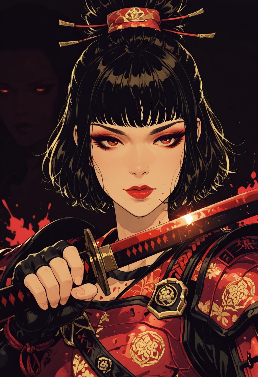 in the style of cksc, masterpiece, best quality, good quality, very aesthetic, absurdres, newest, 8K, depth of field, focused subject, Silhouette Art, magnificent, dark background, portrait of stunning asian warrior woman, dark eyeshadow, red lips, wearing crimson samurai armor, dark eyeshadow, red lips, wielding a glowing katana, blood splatter, direct gaze