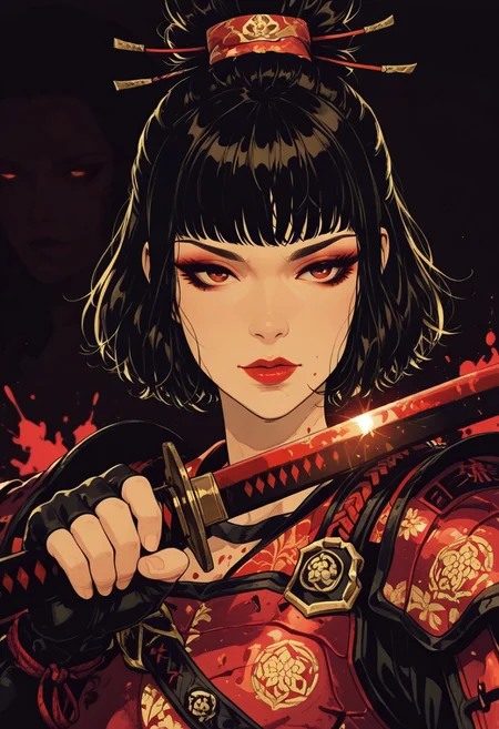 in the style of cksc, masterpiece, best quality, good quality, very aesthetic, absurdres, newest, 8K, depth of field, focused subject, Silhouette Art, magnificent, dark background, portrait of stunning asian warrior woman, dark eyeshadow, red lips, wearing crimson samurai armor, dark eyeshadow, red lips, wielding a glowing katana, blood splatter, direct gaze