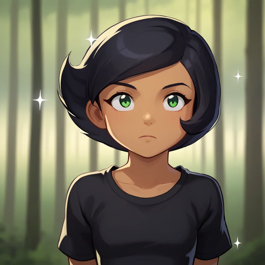 score_7_up, BREAK, 1girl, solo, Megan, black hair, short hair, green eyes, tan, dark skin, <lora:Megan_SpieZ_PXL_Leaf3:1>, upper body, black shirt, arms at sides, forest, blurry background, sparkle background,