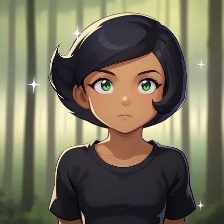 score_7_up, BREAK, 1girl, solo, Megan, black hair, short hair, green eyes, tan, dark skin, <lora:Megan_SpieZ_PXL_Leaf3:1>, upper body, black shirt, arms at sides, forest, blurry background, sparkle background,