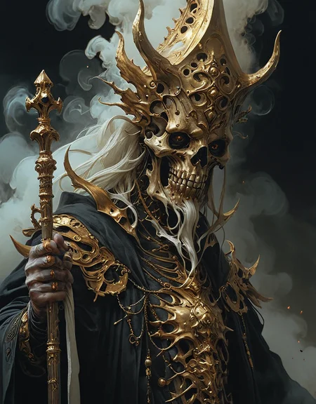 Portrait of deformed creature, bishop with mitral hat, golden mace in hand, dark character, monstrous, Peter Mohrbacher, Agostino Arrivabene, HR Giger, low angle, menacing stance, dark environment, fog, smoke, black background, horror, hyperrealistic, 4K<lora:more_details:1> <lora:epi_noiseoffset2:1>  <lora:Sinozick:1>