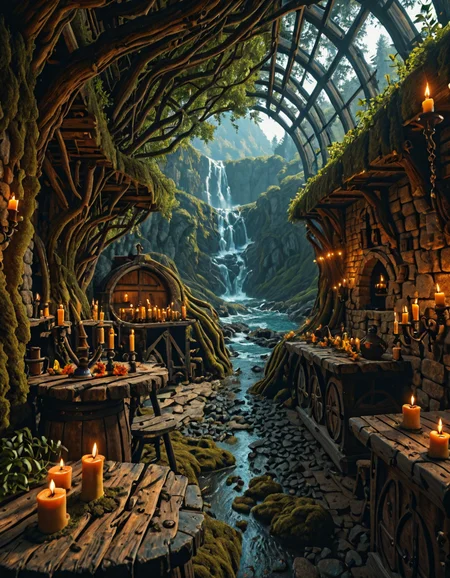 <lora:MW_Tavern01ill:1> mwt01, medieval tavern, outdoors, medieval, candles lights, day, green, T8, forest, tree, skylight, lots of sun shades, huge roots, colorful flowers, moss, T10, mountains, waves, rocks, tree, vegetation, moss, rough sea, waterfall, ruins, sunset, blue, orange, yellow, brown, rocks, T1, white, dark blue, fantasy, sunlight, blue sky, bokeh,