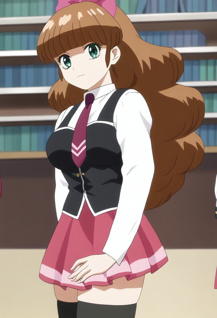 score_9, score_8_up, score_7_up, source_anime, 1girl, solo, <lora:azusa.pony:1>, azusa, anime coloring, long hair, green eyes, brown hair, blunt bangs, large breasts, library, <lora:bible_black_uniform_xl_v3:1>, school uniform, white shirt, black vest, black thighhighs, red skirt, red necktie, anime coloring,anime screencap, sexy pose
