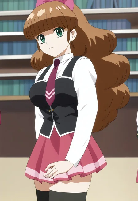 score_9, score_8_up, score_7_up, source_anime, 1girl, solo, <lora:azusa.pony:1>, azusa, anime coloring, long hair, green eyes, brown hair, blunt bangs, large breasts, library, <lora:bible_black_uniform_xl_v3:1>, school uniform, white shirt, black vest, black thighhighs, red skirt, red necktie, anime coloring,anime screencap, sexy pose
