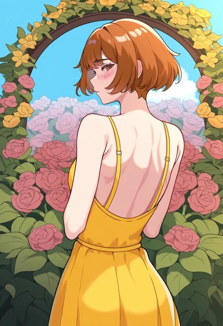 masterpiece, best quality, 1girl, solo, <lora:NSDorothyFE6NoobAi:1> NSDorothyFE6, freckles, brown hair, short hair, brown eyes, yellow sundress, from behind, looking back, spaghetti straps, garden, flowers, bare back, heavy blush, light blue sky, cowboy shot