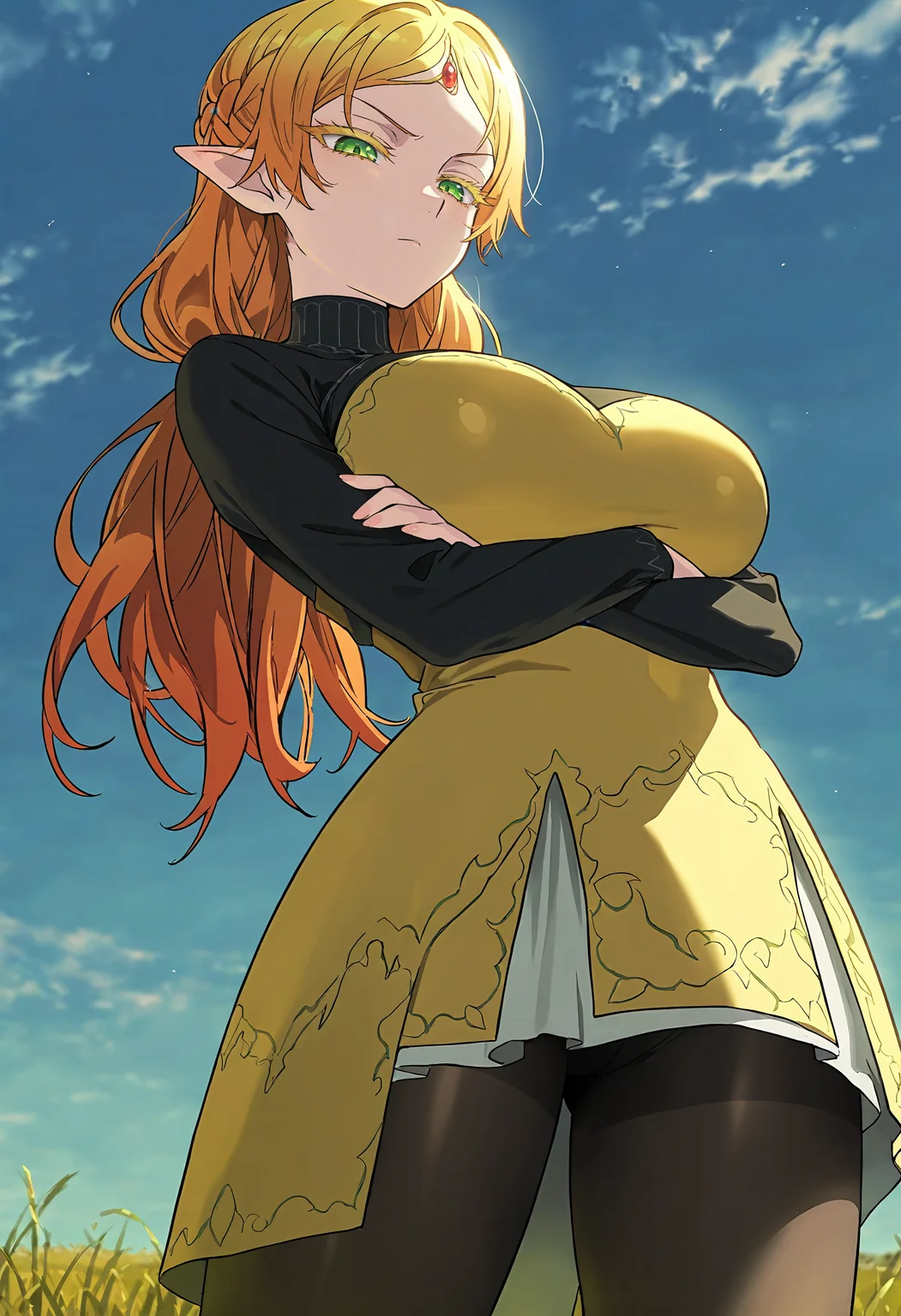 masterpiece, best quality, amazing quality, very aesthetic, absurdres, newest, scenery, 1girl, solo, huge breasts, serious, half-closed eyes, <lora:Sui illustxl:0.9> pointy ears, elf, blonde hair, long hair, green eyes, colored eyelashes, orange hair, forehead jewel, low twintails, french braid, gradient hair, red gemstone, turtleneck, black shirt, long sleeves, yellow dress, black pantyhose, shiny skin, blue sky, grasslands, outdoors, standing, crossed arms, from below, looking down, anime screenshot, masterpiece, best quality, amazing quality, very aesthetic, absurdres, newest, scenery, volumetric lighting
