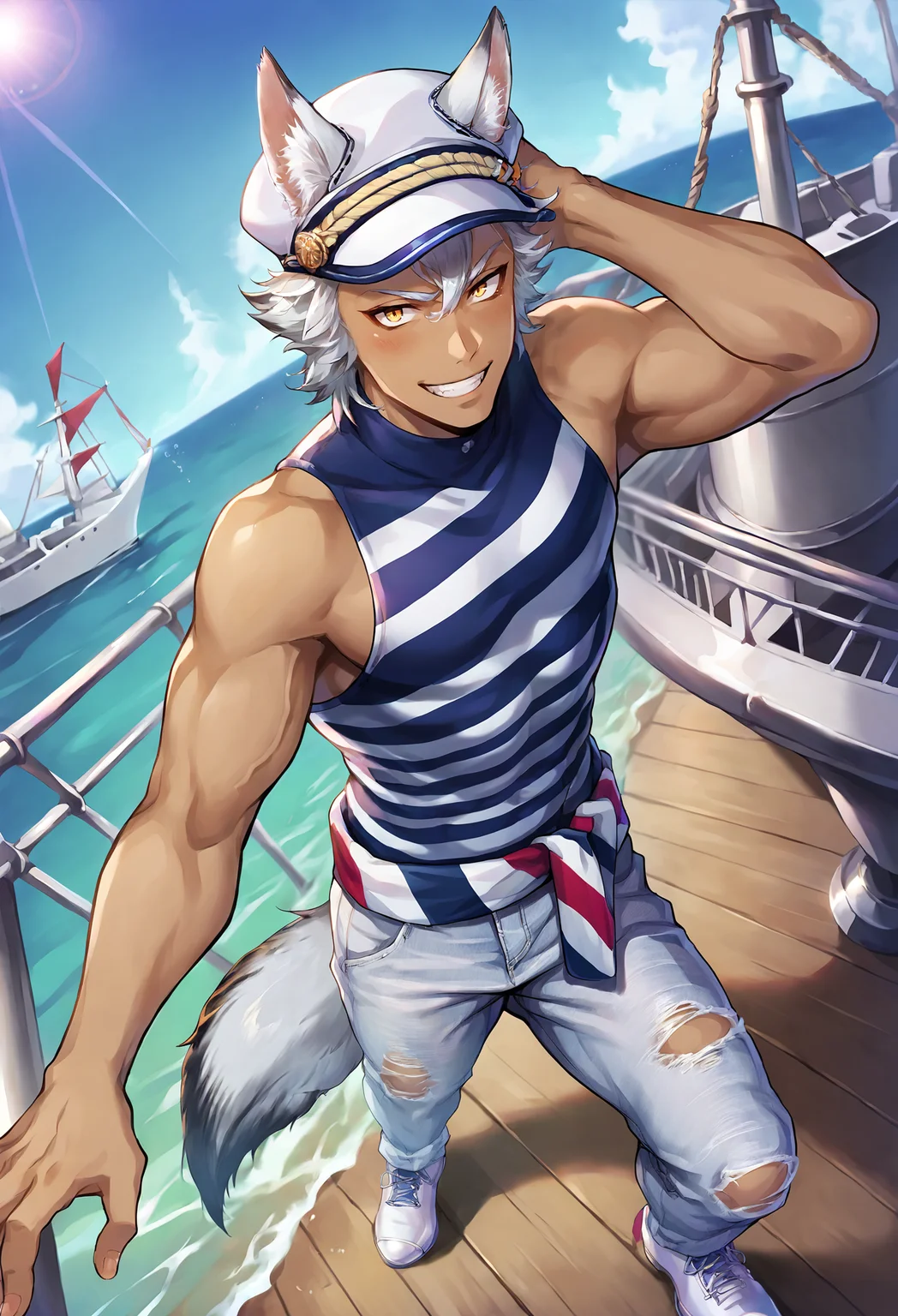 score_9, score_8_up, score_7_up,
j4ckporta, j4ckh0wl, animal ears, wolf ears, wolf tail, white hair, yellow eyes, 1boy, male focus, animal ears, dark-skinned male, solo, dark skin,
sleeveless, striped shirt, torn pants, white footwear, denim,
outdoors, cruise ship, sea,
looking at viewer, hand behind head, blush, light smile, dutch angle,
<lora:Jack_Howl:0.9>