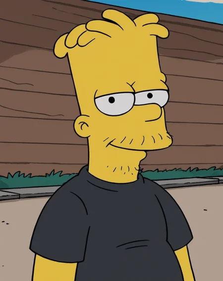 1boy, solo, bart simpson, yellow skin, blonde hair, black eyes,circle eyes, dot pupils, black shirt, facial hair, smirk, looking at viewer, outdoors, <lora:AdultBart9:0.8>,