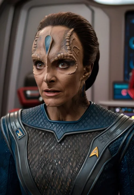 8k HDR, Cinematic film still portrait from blockbuster sci-fi science fiction movie, 35mm Fujifilm, IMAX, extremely detailed, female c4rd45514n alien, forehead crest, grey skin, ridges, scales, wearing starfleet uniform dress from star trek