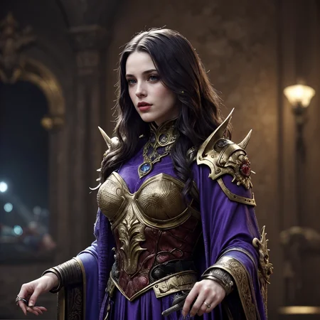 RAW photo, (masterpiece:1.3), subsurface scattering, heavy shadow, (high quality:1.4), (intricate, high detail:1.2), professional photography, HDR, High Dynamic Range, realistic, ultra realistic, photorealistic, high resolution, film photography, ambient lighting, atmospheric effects, <lora:detail_slider_v4:2>, DarkFantasy, a female chaos sorceress of Slaanesh, wearing intricate purple robes, SerCa, <lora:ServantsOfChaos-10:0.6>, (perfect hands), in the style of Warhammer Fantasy, Chaos, <lora:cleavage:-2>, epiCPhoto