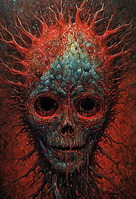 Handheld shot of a ((Virus)) monster (inside bloodstream) in style of [Dean Ellis: Steven DaLuz: 0.3],digital artwork by Beksinski, trypophobia:1.5,glitch, psychedelic:1.9, Psilocybin, trypophobia:1.3, hyper-detailed:1.1, ((best quality)), linquivera, masterpiece, detailed cells, deep neurons):1.5, blacklight, scar, binary code and digital art, binary code, digital art, ral-dissolve:1.3, liiv, ((background blends with the subject nicely), EdobHorrorLandscape)