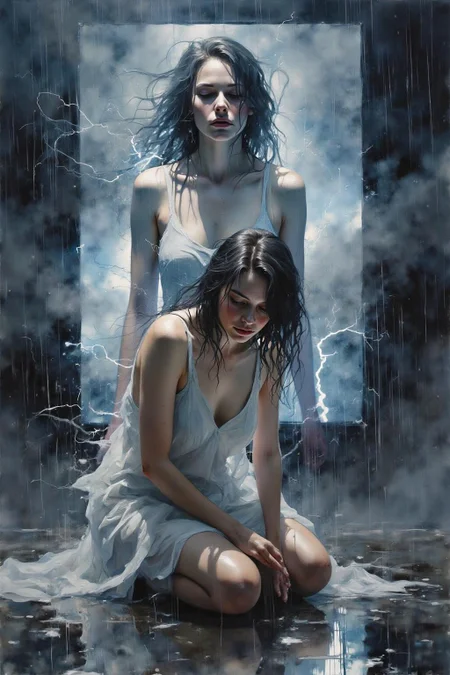 yawc1 watercolor
Shot from the side, surreal, overhead shot of a dramatic cinematic scene featuring a woman with long, dark hair, kneeling on a reflective, wet surface under intense artificial rain and lightning. She wears a flowing, sheer, white dress, clinging to her as she gazes forward with an intense, almost sorrowful expression. Behind her, a massive digital screen displays a blurred, haunting image of the same woman, layered with flashes of lightning, adding a surreal, dreamlike quality. The atmosphere is intense and moody, with sharp contrasts of light and shadow, giving a mysterious and electrifying effect.
<lora:yawcolor_flor2_d4a2:1.0><lora:799002812286554065:0>