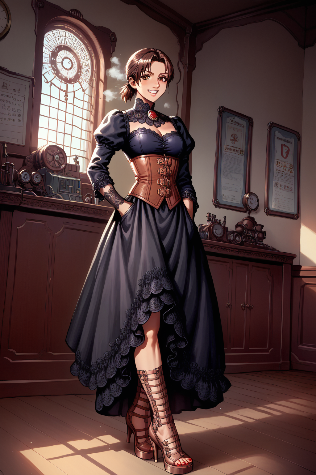 score_9, score_8_up, score_8, score_7_up, source_anime, 
1girl, Megumi brown hair,katou megumi,brown eyes, medium breasts , short hair,  ponytail ,masterpiece, best quality, steampunk theme, victorian cityscape background, wearing a detailed steampunk dress with brass and leather accents, intricate corset, puffed sleeves, lace gloves, holding a small pocket watch, standing near a steam-powered contraption, gears and pipes in the foreground, warm sepia tones, soft sunlight breaking through clouds, gentle smile, elegant pose, side-angle perspective, detailed textures, cinematic atmosphere, intricate mechanical elements, Gladiator Heels, red nails, toenail polish