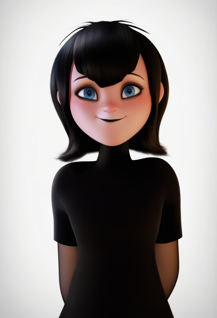 masterpiece, best quality, very aesthetic, absurdres,
realistic,render, 3d,
1girl, mavis, black hair, bangs, blue eyes, black lips,
black dress, bridal gauntlets, short sleeves, 
arms behind back, upper body, smile,
looking at viewer, solo, simple background, white background     <lora:MavisNoobXL_byKonan:1>