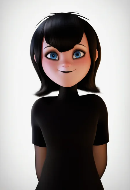 masterpiece, best quality, very aesthetic, absurdres,
realistic,render, 3d,
1girl, mavis, black hair, bangs, blue eyes, black lips,
black dress, bridal gauntlets, short sleeves,
arms behind back, upper body, smile,
looking at viewer, solo, simple background, white background <lora:MavisNoobXL_byKonan:1>