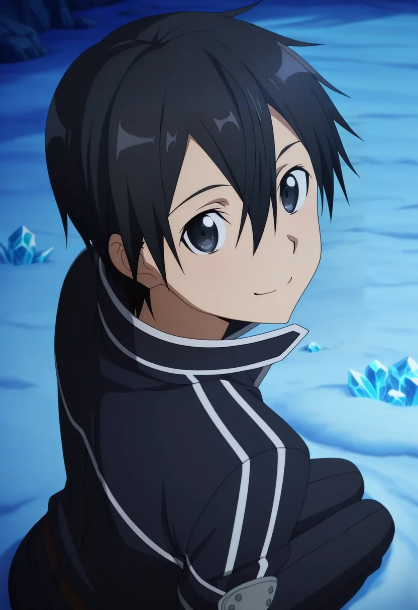 masterpiece, best quality, , anime screencap, anime coloring, official style, looking at viewer, 1boy, solo, male focus, <lora:kazuto_kirigaya_ilxl:0.94>, kazuto_kirigaya, kirito, black hair, black eyes, short hair, hair between eyes, from above, cold, ice, dark, ass, happy,