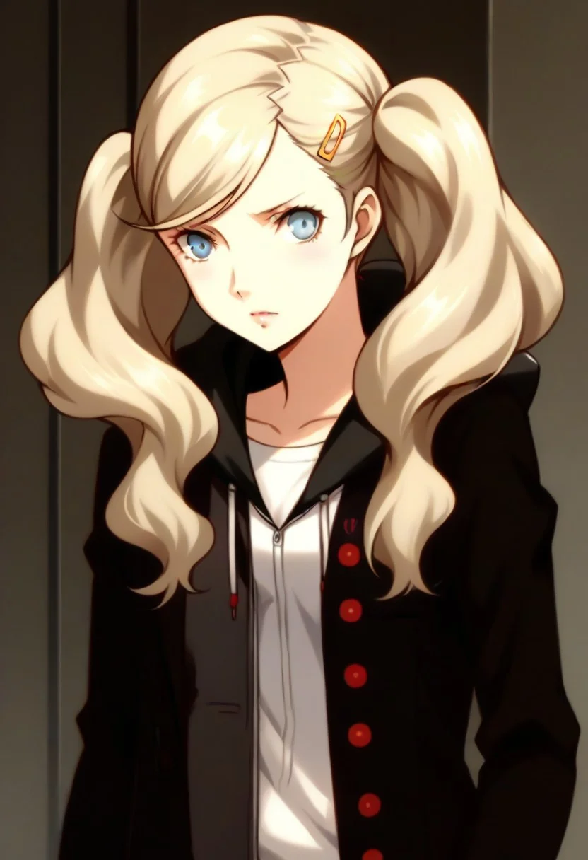 (source_anime), 1 girl, solo, nsfw, cute face, p5ann, twintails, long hair, takamaki anne, blonde hair, hairclip, skirt, uniform, jacket, open clothes, hairclip, hood, miniskirt, sweater, open jacket, black jacket, hoodie,hood down, white sweater, red pantyhose, hooded cardigan, uniform,