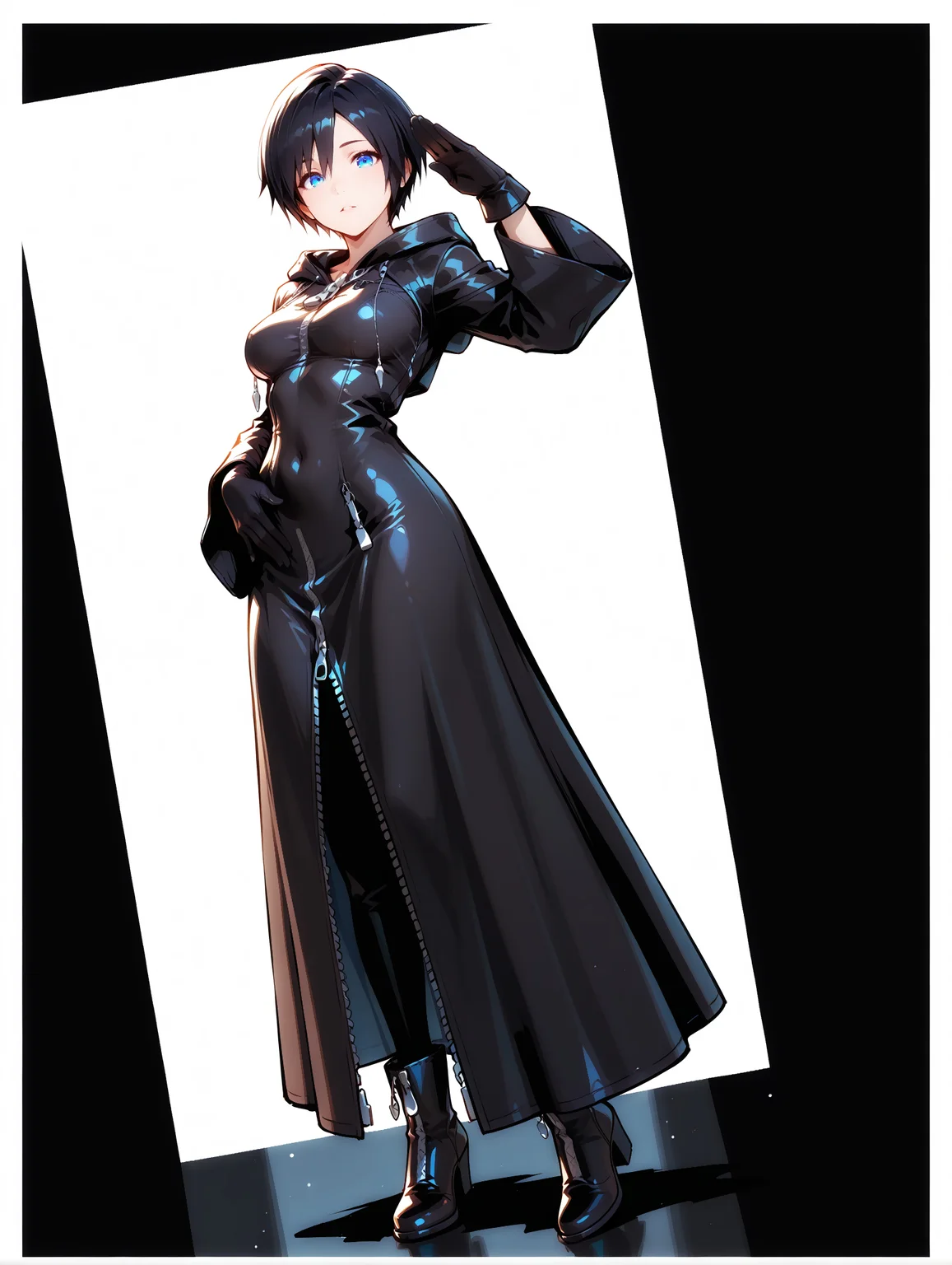 masterpiece, best quality, perfect hands, hyper-Detailed, amazing quality, very aesthetic, amazing quality, dynamic angle, solo, 19 years old, full body, imtdxion, 1girl, short hair, black hair, blue eyes, hood, hood down, gloves, black gloves, zipper, hair between eyes, bangs, wide sleeves, medium breast, sexy, covered navel, hand on the waist, hand waving to the viewer, 2 fingers salute, black boots, two-tone background, border, simple background
