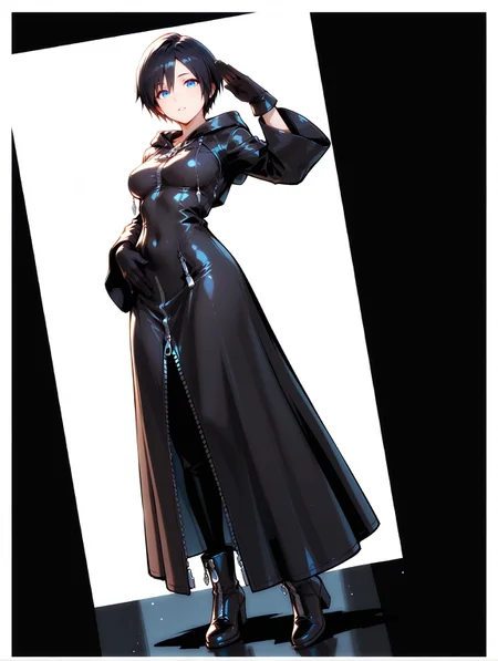 masterpiece, best quality, perfect hands, hyper-Detailed, amazing quality, very aesthetic, amazing quality, dynamic angle, solo, 19 years old, full body, imtdxion, 1girl, short hair, black hair, blue eyes, hood, hood down, gloves, black gloves, zipper, hair between eyes, bangs, wide sleeves, medium breast, sexy, covered navel, hand on the waist, hand waving to the viewer, 2 fingers salute, black boots, two-tone background, border, simple background
