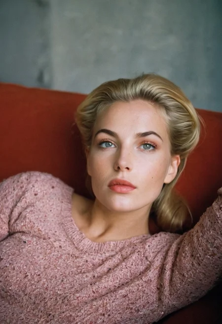 1 blonde Woman,  30 years old, beautiful, blonde hair, 40s style hairstyle, medium length hair,  iluminacion artistica, no sombras,
FACE:  mujer rubia.ojos son grandes y expresivos,  pestanas largas y oscuras que enmarcan un iris de color miel. Cejas finas y arqueadas .
Su nariz es recta y delicada, y sus labios son carnosos y de un tono rosado natural. Un lunar sutil se encuentra cerca de su labio superior, añadiendo un toque de singularidad a su rostro. Su piel es de un tono melocoton suave, con un ligero rubor en las mejillas que sugiere calidez y vitalidad.. mirada sensual
BACKGROUND:escena nocturna ,  , 1948, salon antiguo ricamente adornado  , tapices vivos colores y figuras. luminosidad artistica y ambiente intimo,  un sofa tapizado en rojo oscuro ,   , detras esta situada la puerta con cristales de acceso a la terraza ,   en primer plano , fotogarfia cuerpo entero, la mujer de con uniforme militar, lleva abierta la chaueta , deja ver perfectas mamas naturales de tamaño medio, abomen perfecto, navel, pubis afeitado, sin pantalones, piernas desnudas largas y perfectas,pies descalzos    calidad fotografica y artistica realistica, calidad fotografica realistica y artistica