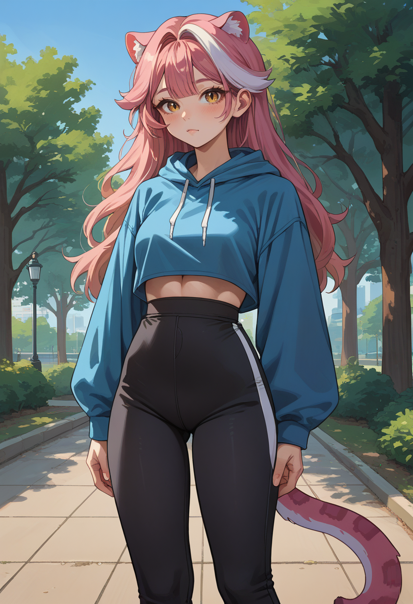 score_9, score_8_up, source_anime, 1girl, solo, RaoraPanthera, cat ears, long hair, single white streak, cat tail, outdoors, park, blue hoodie, high-waist pants, yoga pants, black pants, light blush, <lora:ChamRaoraPantheraPonyXL:1>