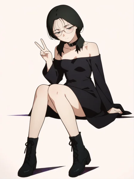 masterpiece, best quality, newest, absurdres, highres, 1girl, uncensored, <lora:Yomoda_Chisa_IL1.1v0a:1> yomoda chisa \(sel\), anime coloring, anime screenshot, black hair, anime screencap, half-closed eyes, black hair, anime screencap, flat colors, flat shadows, grey eyes, perfect hands, white background, gothic, peace sign, small breasts, black dress. white dot dress, full body, sitting, black footwear, black collar, death girl, strapless, long sleeves, woman, adult, v, bare shoulders, glasses,