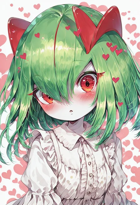 score_9, score_8_up, score_7_up, 1girl, solo, 
kirlia \(pokemon\), shiny kirlia, red eyes, white skin, (green hair:1.2), :o, parted lips, blush, looking at viewer, upper body, hearts, polka dot background,  white blouse, frills, cute dress.